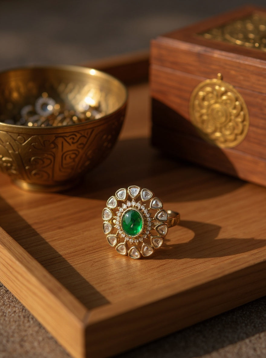 Itrani Regal Green Glow Statement Ring Antique Finish Brass Cocktail Ring