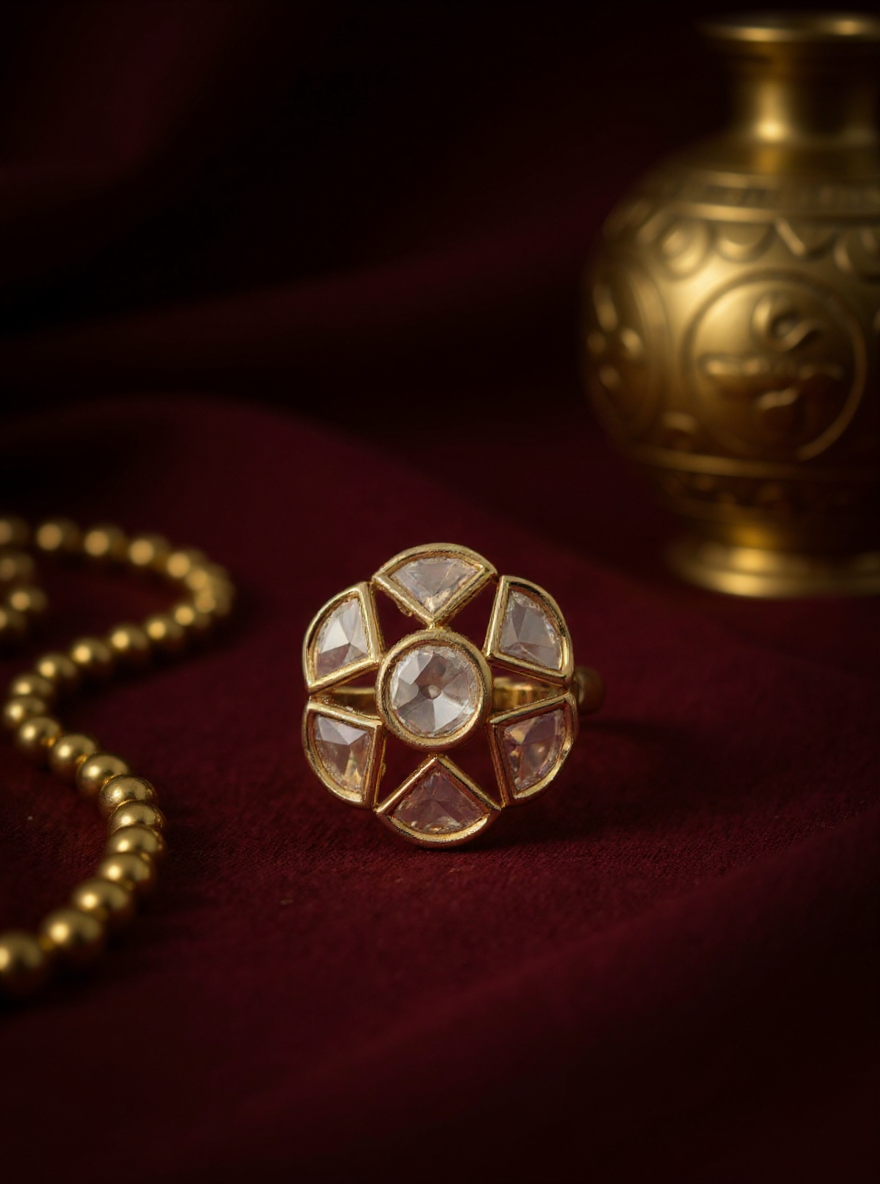 Itrani Celestial Glow Clear Polki Stone Brass Ring