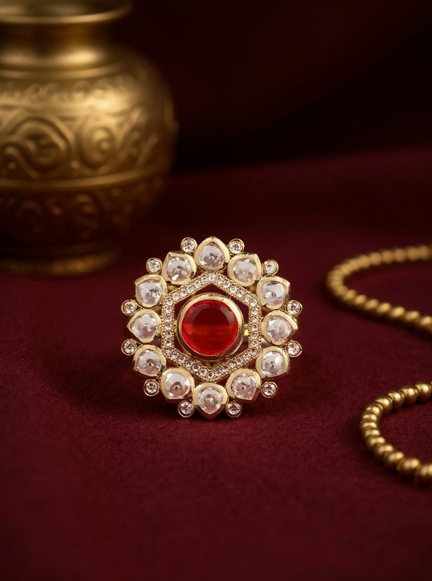 Itrani Crimson Royale Polki Ring – Antique Brass Adjustable Ring with Red Center Stone