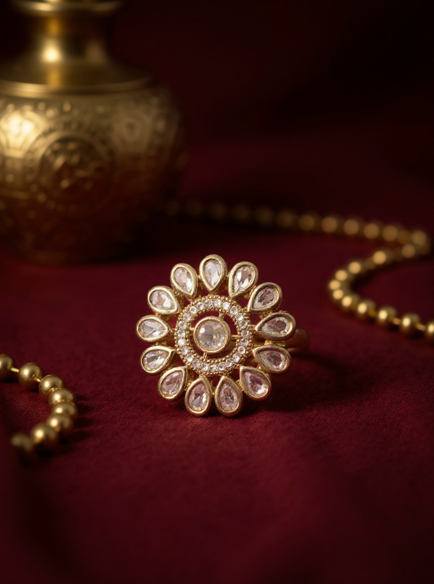 Itrani Blush Bloom Polki Ring – Floral Adjustable Brass Ring with Clear Polki Stone