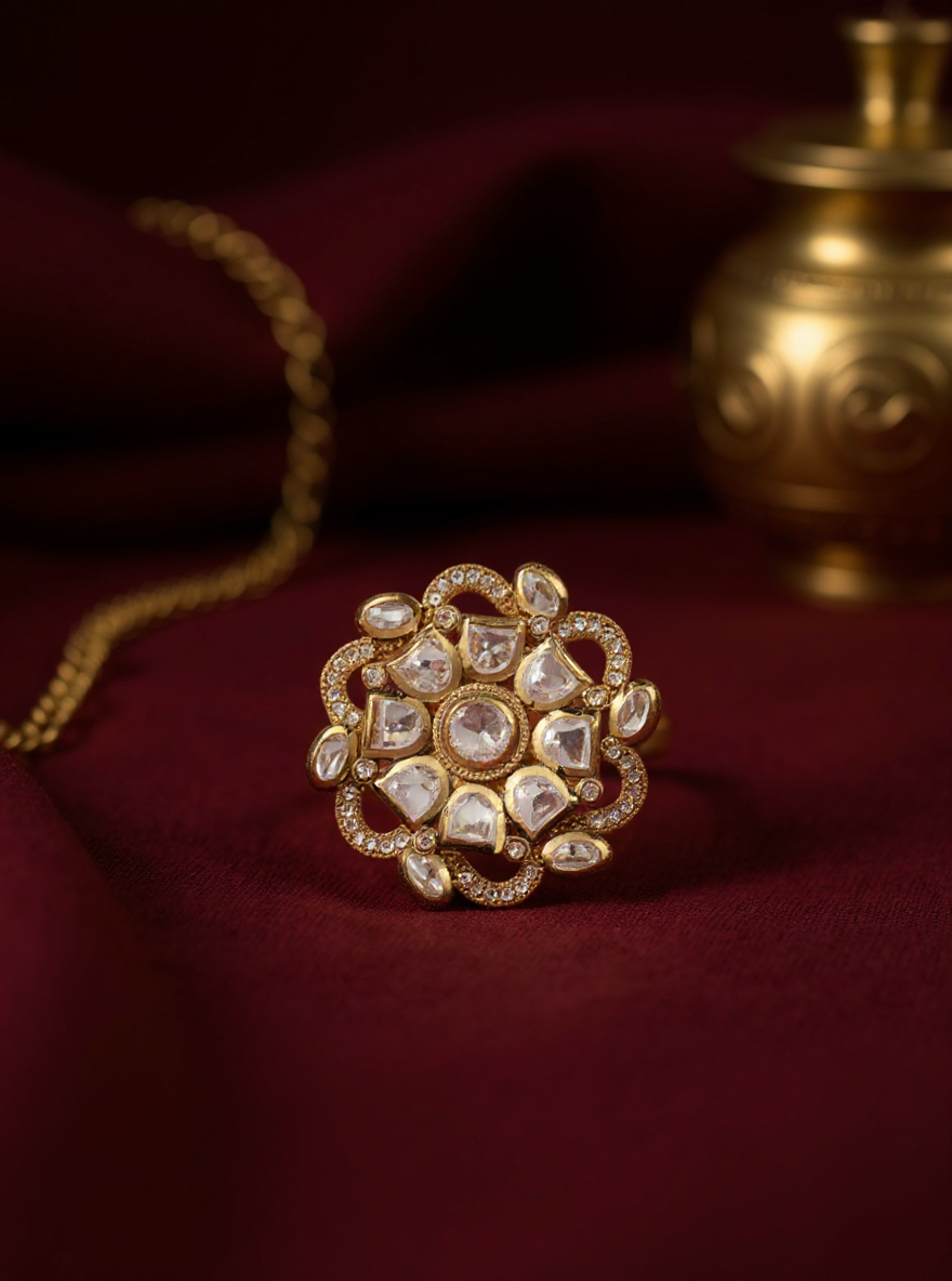 Itrani Royal Swirl Polki Ring – Adjustable Brass Ring with Clear Polki Accent Stone