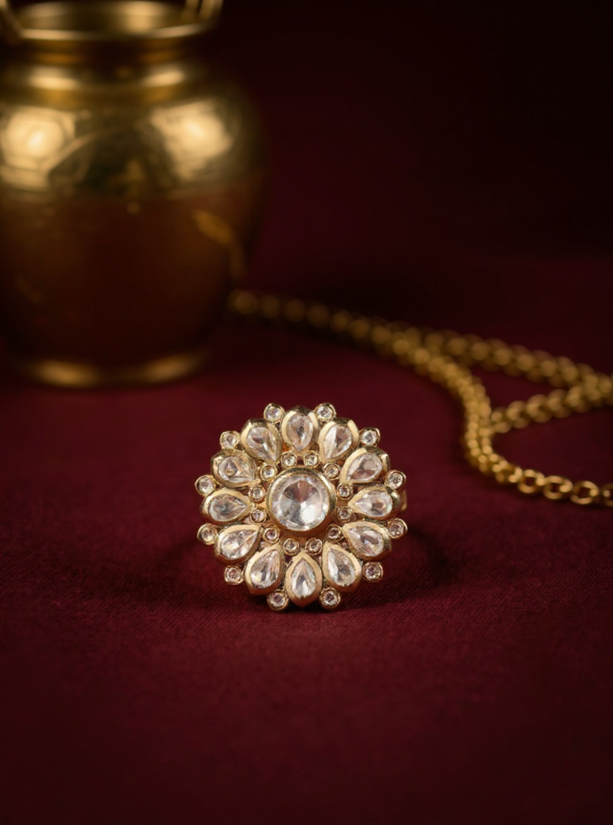 Itrani Polki Bloom Circle Ring – Adjustable Brass Ring with Clear Polki Stones