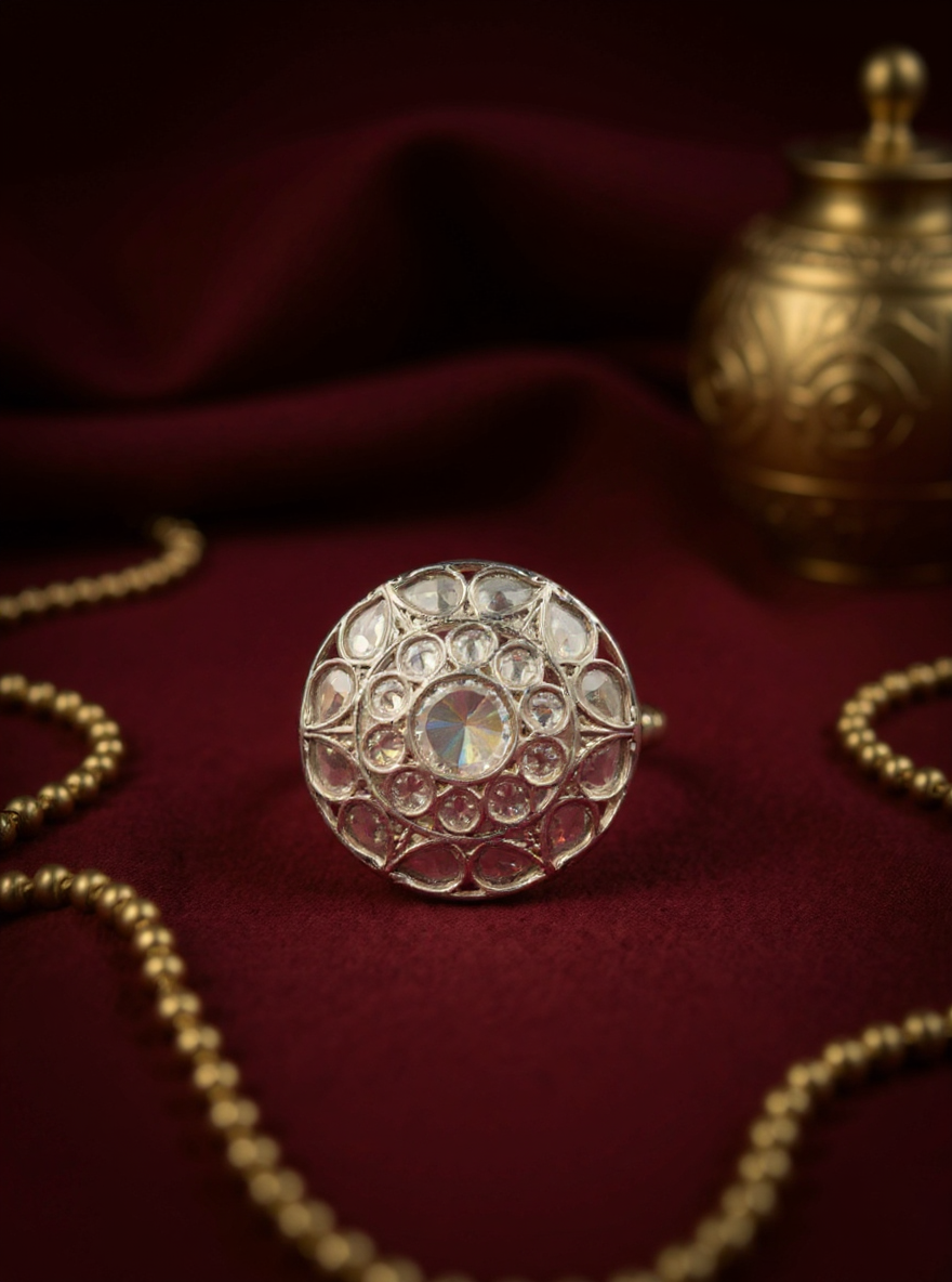 Itrani Silver tone ( Rhodium finish) Polki Stone Brass Ring