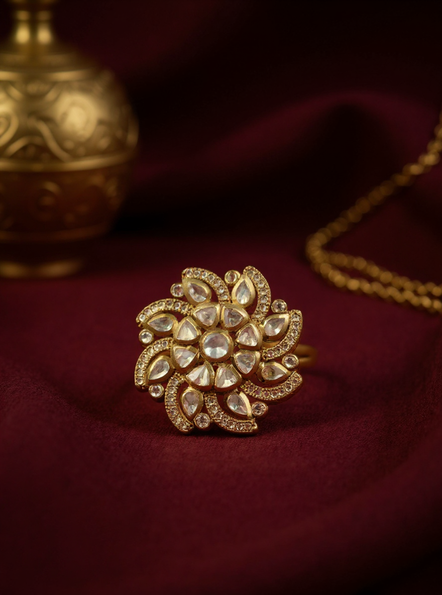 Itrani Royal Radiance Polki Ring – Anti-Tarnish Brass Statement Jewelry