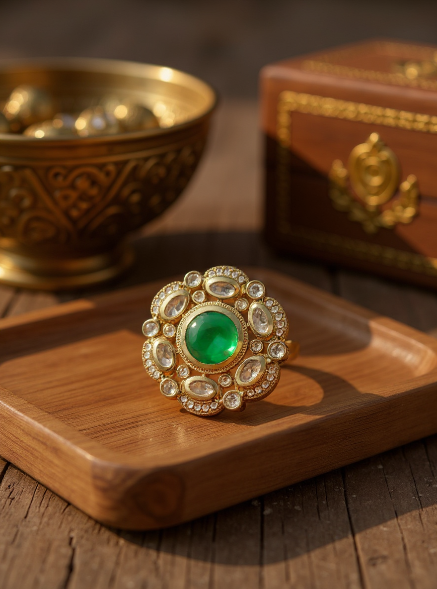 Itrani Royal Bloom Green Stone Ring – Antique Finish & Anti-Tarnish Brass