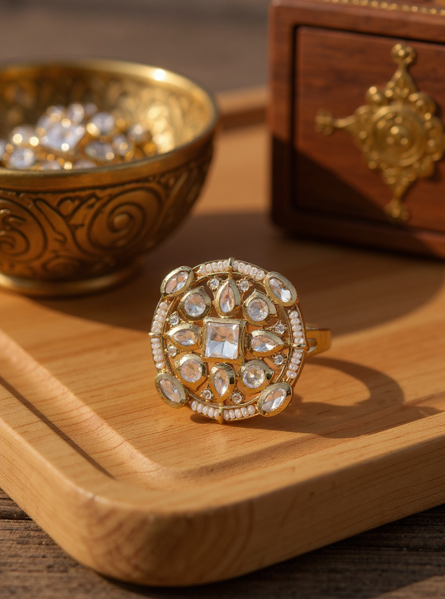 Itrani Heritage Glow Polki Ring – Antique Brass with Pearl Detailing