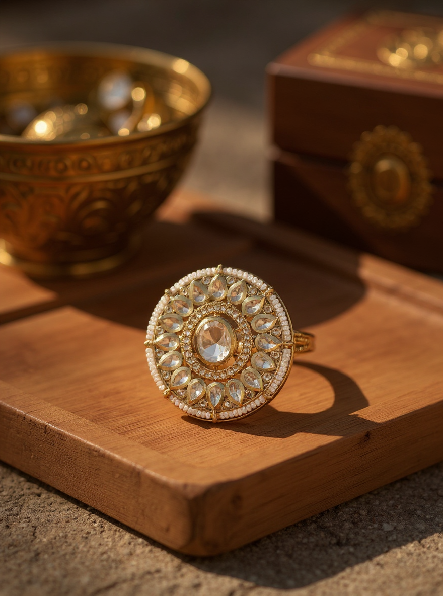 Itrani Majestic Aura Polki Ring – Statement Brass Jewelry with Pearl Detailing