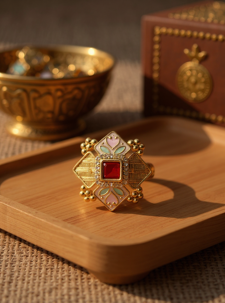 Itrani Gulbahaar Rani Enamel Ring – Adjustable Antique Brass Ring with Meenakari Detailing