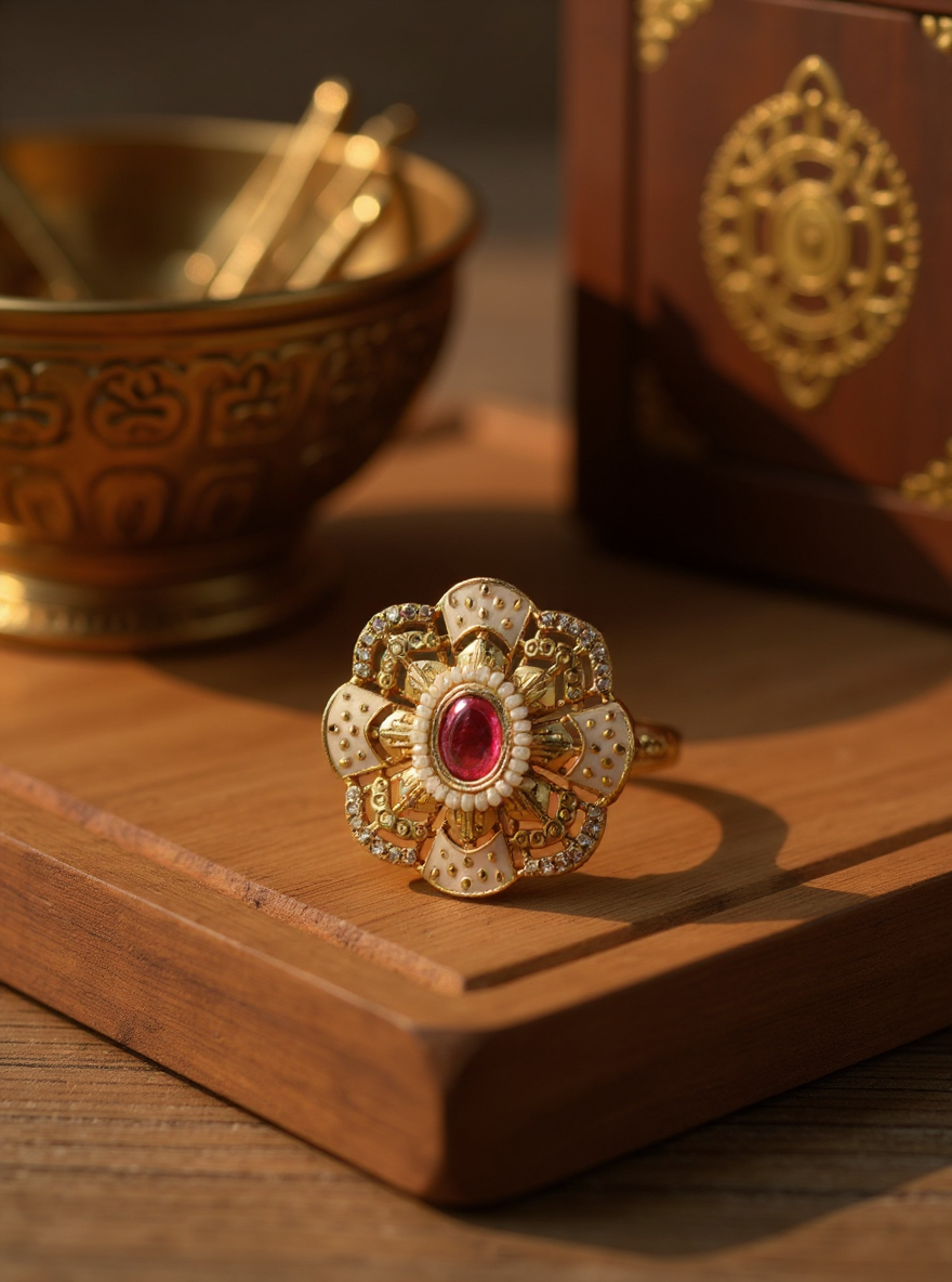 Itrani Zehra Antique Floral Ring – Adjustable Brass Ring with Rani Stone & Pearl Detailing