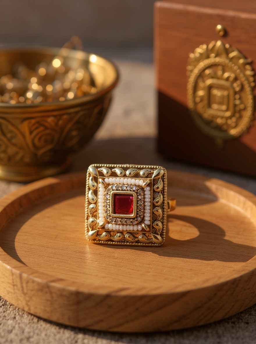Itrani Aarohi Square Heritage Ring – Red Stone Adjustable Statement Ring in Antique Gold
