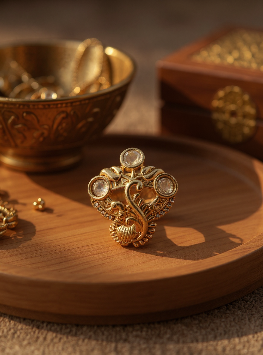 Itrani Ira Antique Floral Ring – Clear Polki Stone Adjustable Brass Ring for Festive Wear