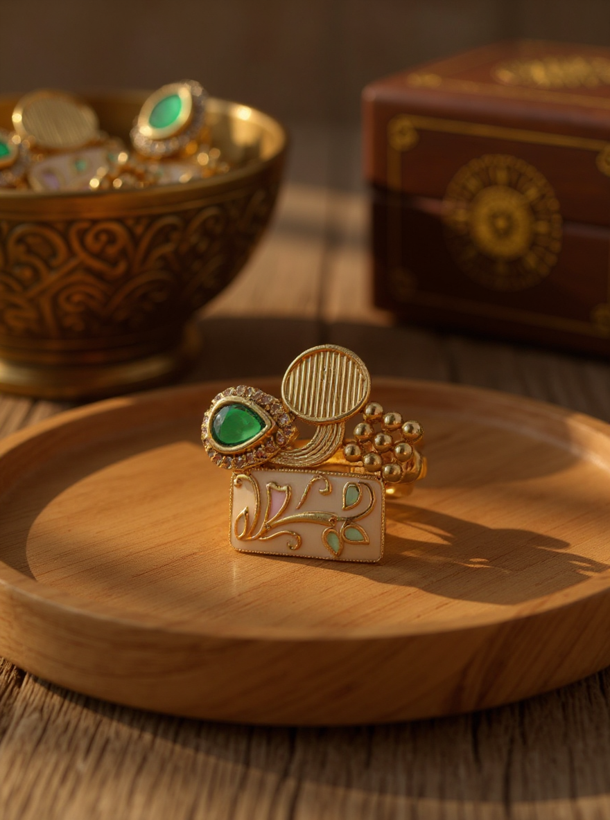 Itrani Meher Enamel Art Ring – Pastel Pink & Green Statement Brass Ring for Festive Wear