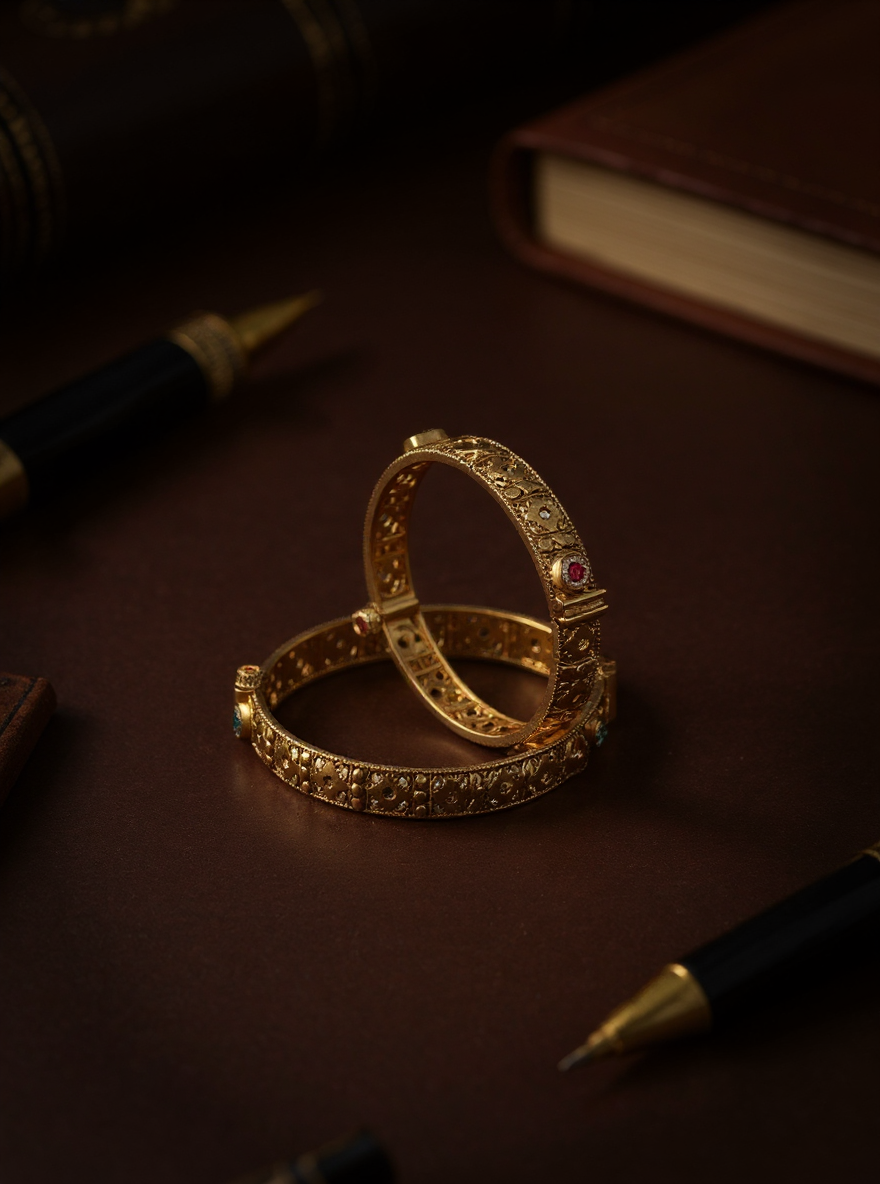 Itrani Royal Brass Bangles with Rani Pink and Green Colour Centre Stones – Antique Gold Finish