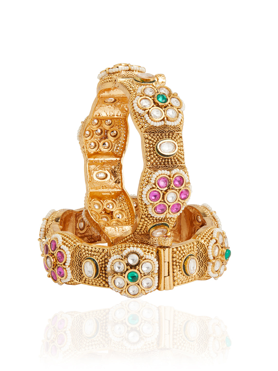 Itrani Rajwadi Gold Finish Brass Bangles with Ruby & Emerald Stones