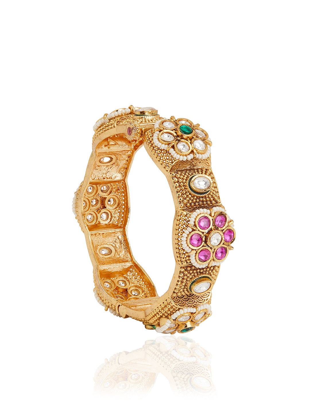 Itrani Rajwadi Gold Finish Brass Bangles with Ruby & Emerald Stones