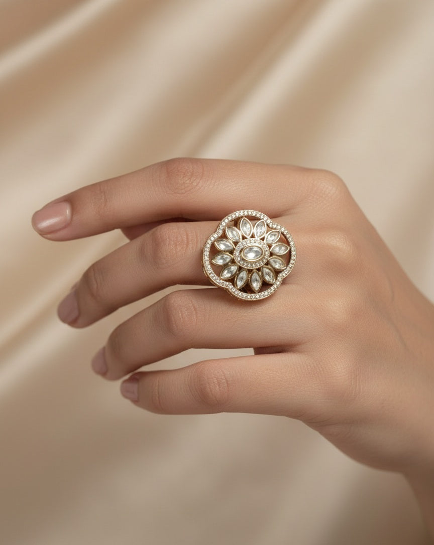 Royal Gold Finish Kundan Statement Ring with Reverse American Diamonds