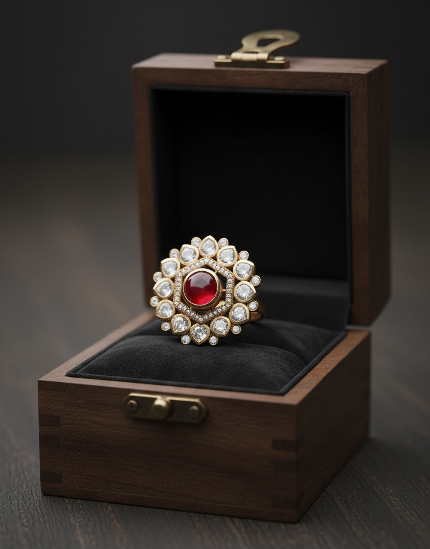 Itrani Crimson Royale Polki Ring – Antique Brass Adjustable Ring with Red Center Stone