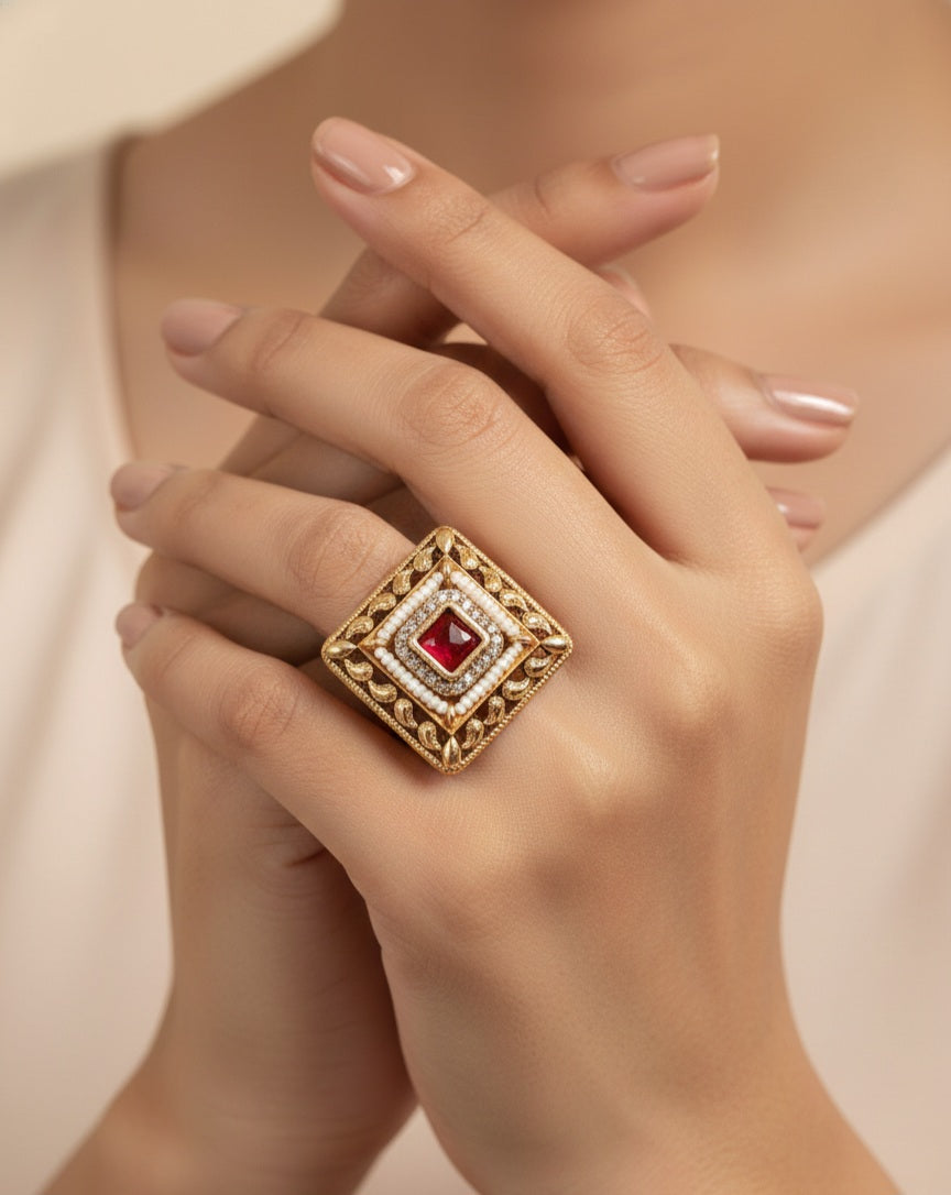 Itrani Aarohi Square Heritage Ring – Red Stone Adjustable Statement Ring in Antique Gold