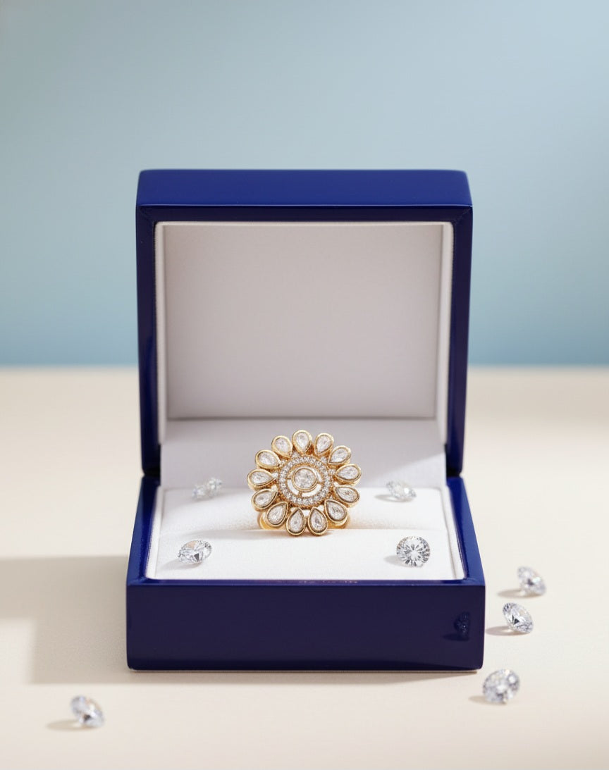 Itrani Blush Bloom Polki Ring – Floral Adjustable Brass Ring with Clear Polki Stone