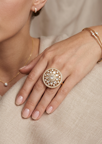 Itrani Royal Floral Crystal Clear Statement Ring – Anti Tarnish Brass Adjustable Ring for Women