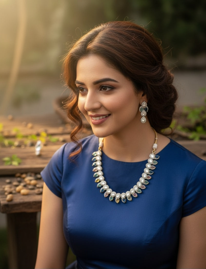 Antique Mehendi-Finish Polki & Monalisa Stone multicolor Necklace Set