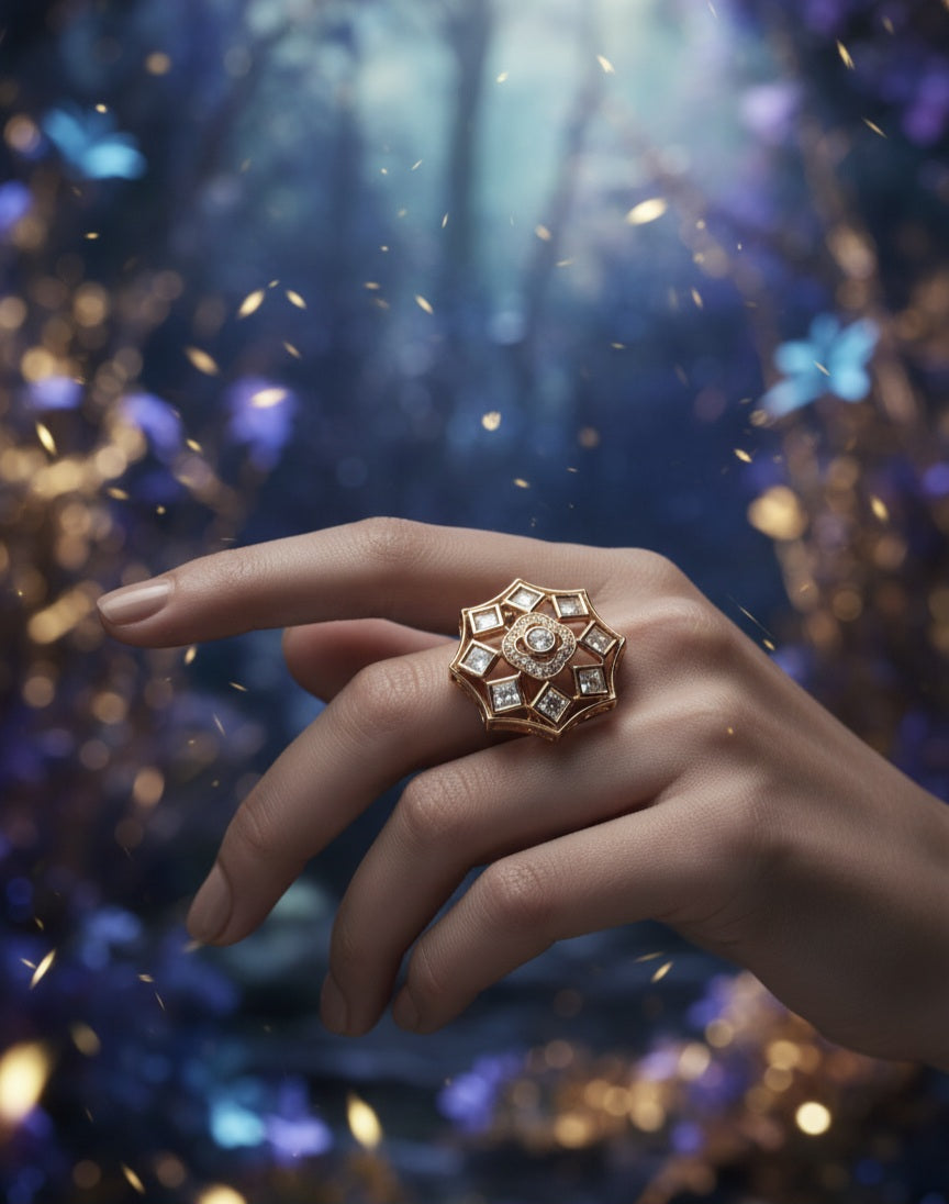 Polki Flower Ring with American Diamond Centre