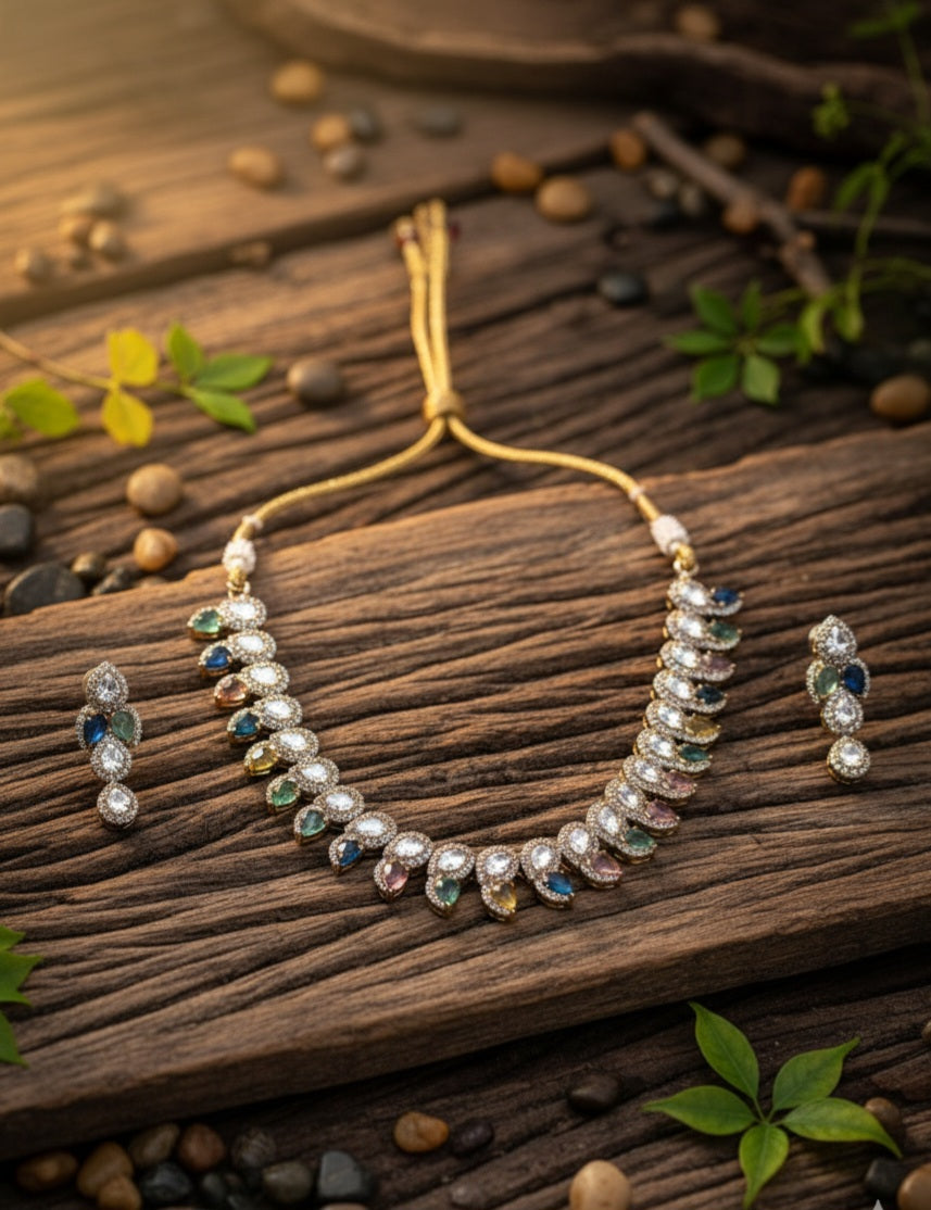 Antique Mehendi-Finish Polki & Monalisa Stone multicolor Necklace Set