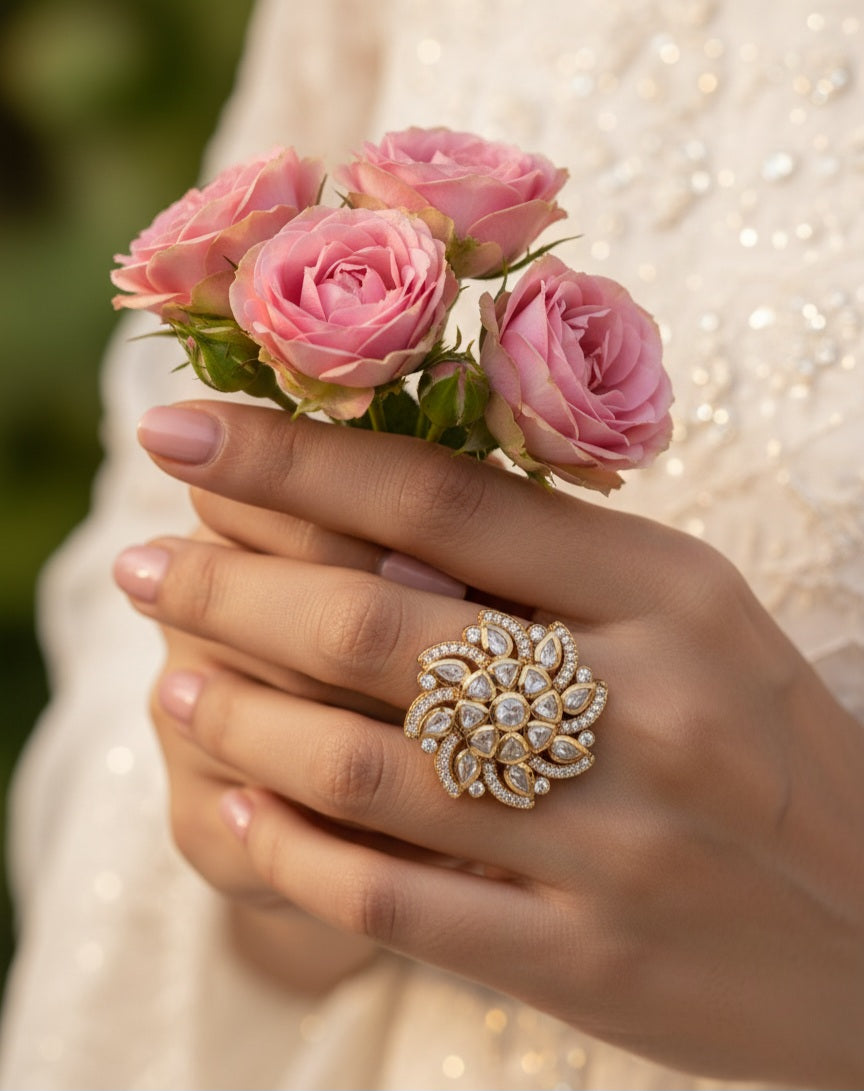 Itrani Royal Radiance Polki Ring – Anti-Tarnish Brass Statement Jewelry