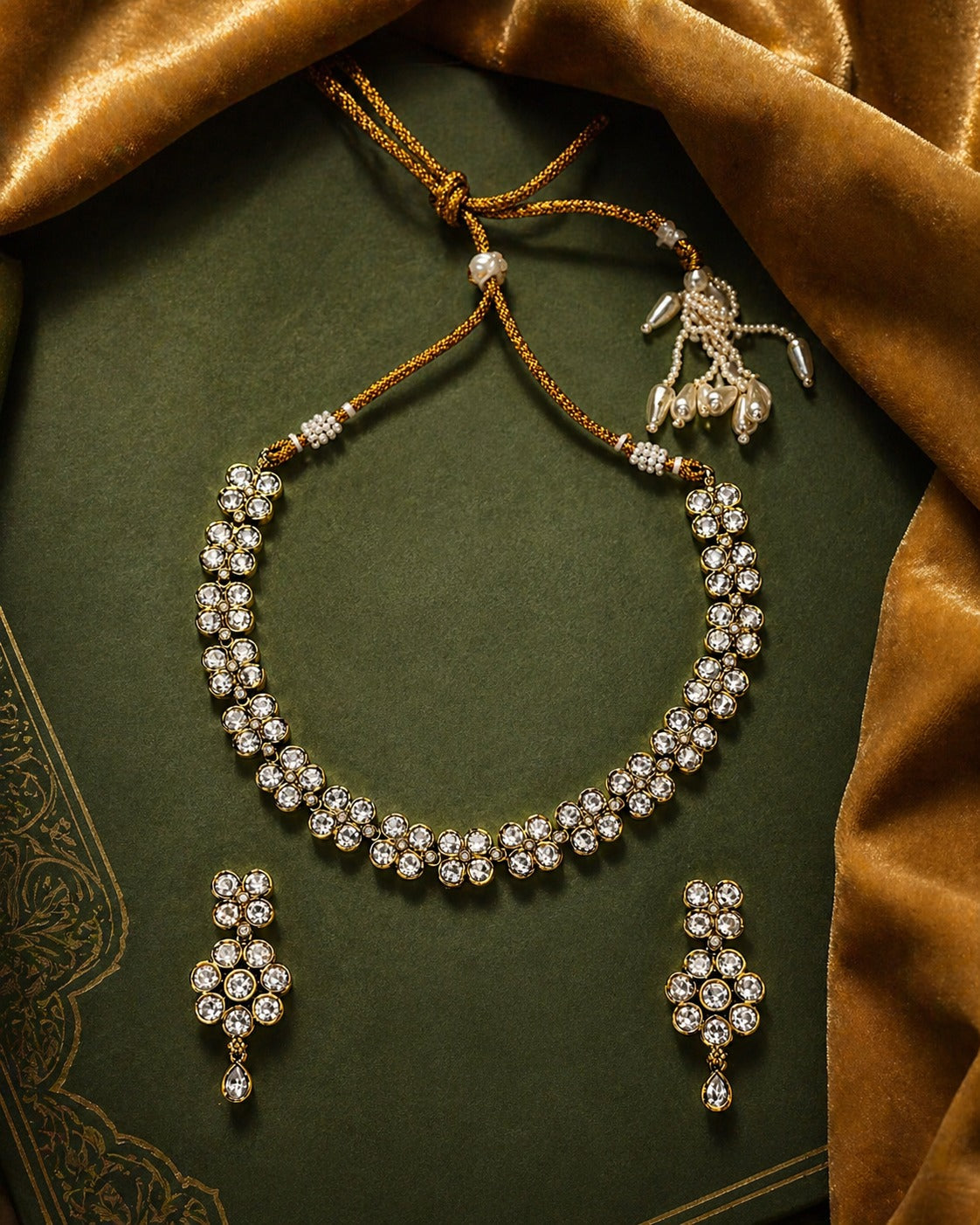 Itrani Floral Charm Clear Polki Stone Necklace Set