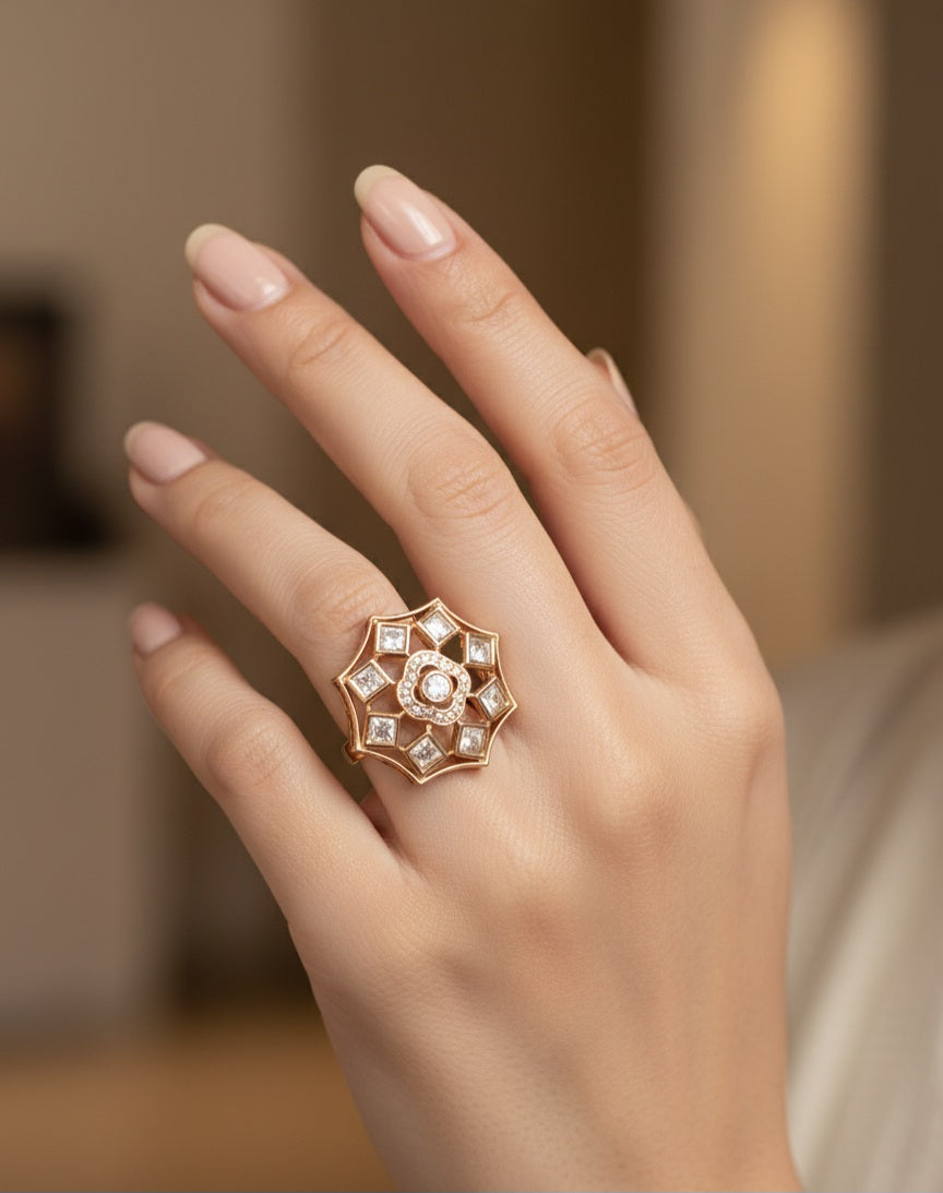 Polki Flower Ring with American Diamond Centre