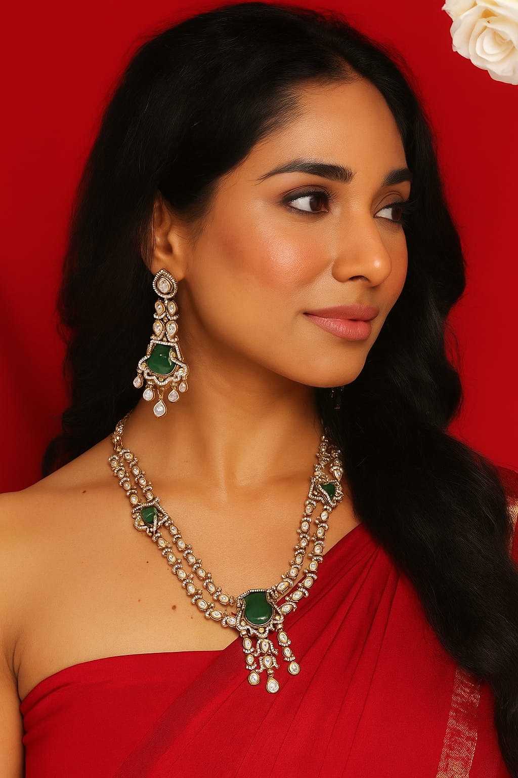 Itrani Emerald Grace Green Stone Necklace Set – Antique Brass Finish | Anti-Tarnish