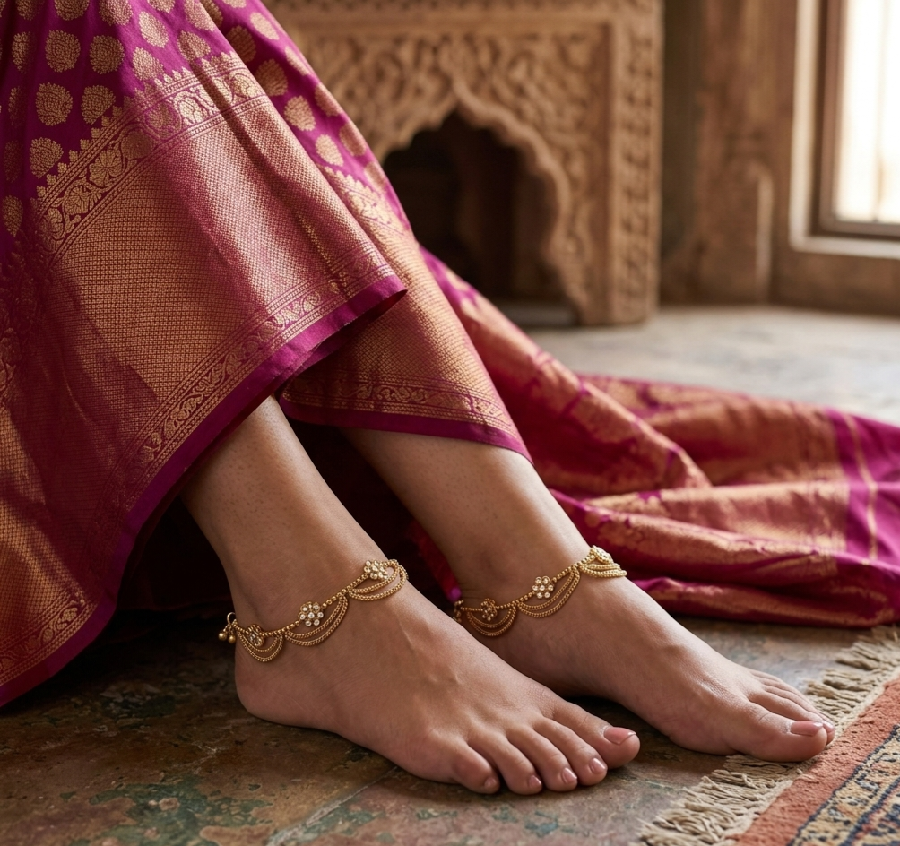 Itrani Elegant Mehndi Antique Finish Diamond Payal with Floral Design