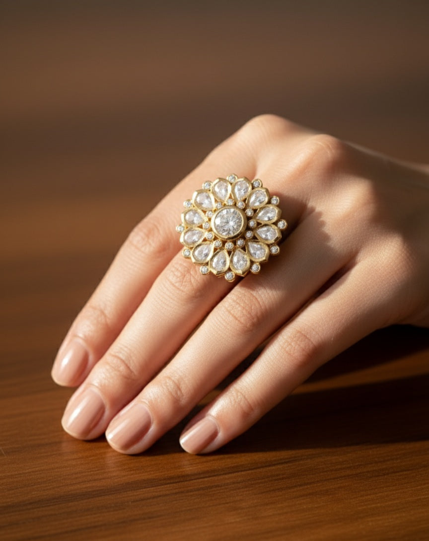 Itrani Polki Bloom Circle Ring – Adjustable Brass Ring with Clear Polki Stones