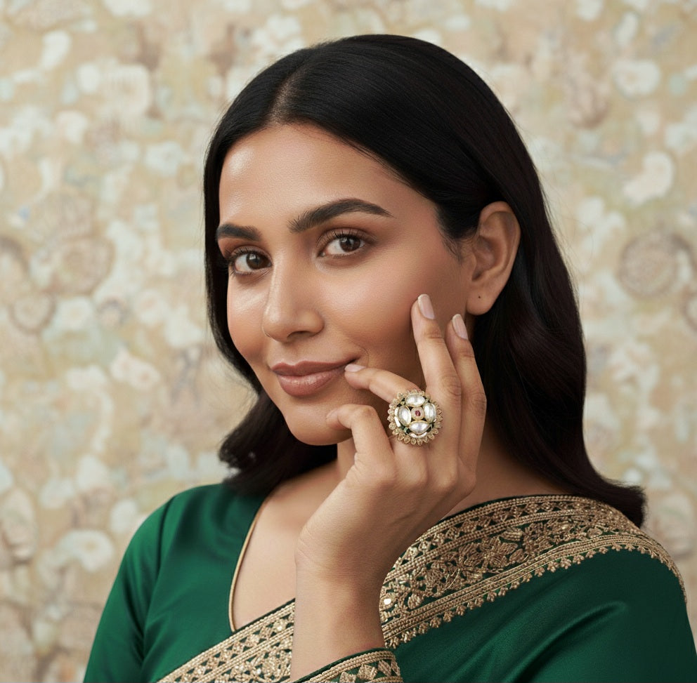 Itrani Gold-Polish finishing Kundan Style Polki Ring with Ruby Center Stone and Emerald Moti| Adjustable Traditional Ring