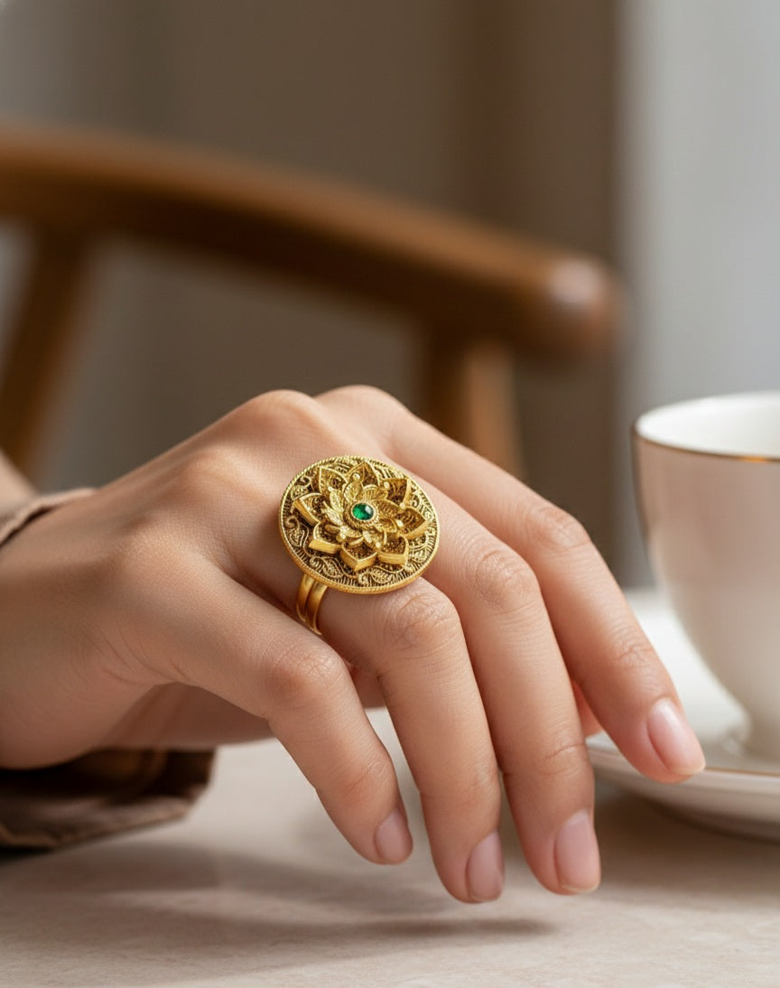 Itrani Regal Bloom Antique Rajwadi Gold Polish Ring with Emerald Stone