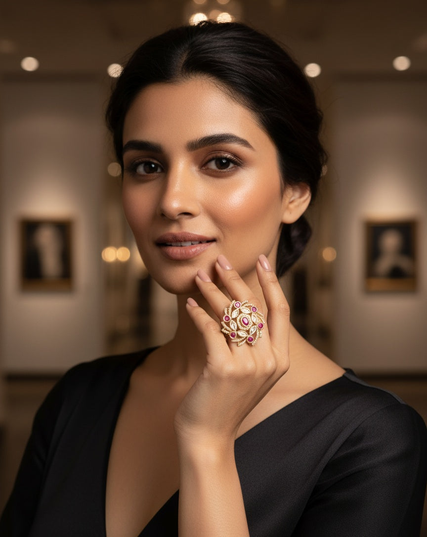 Itrani Rose Radiance Rani Pink Stone Statement Ring in Gold Finish