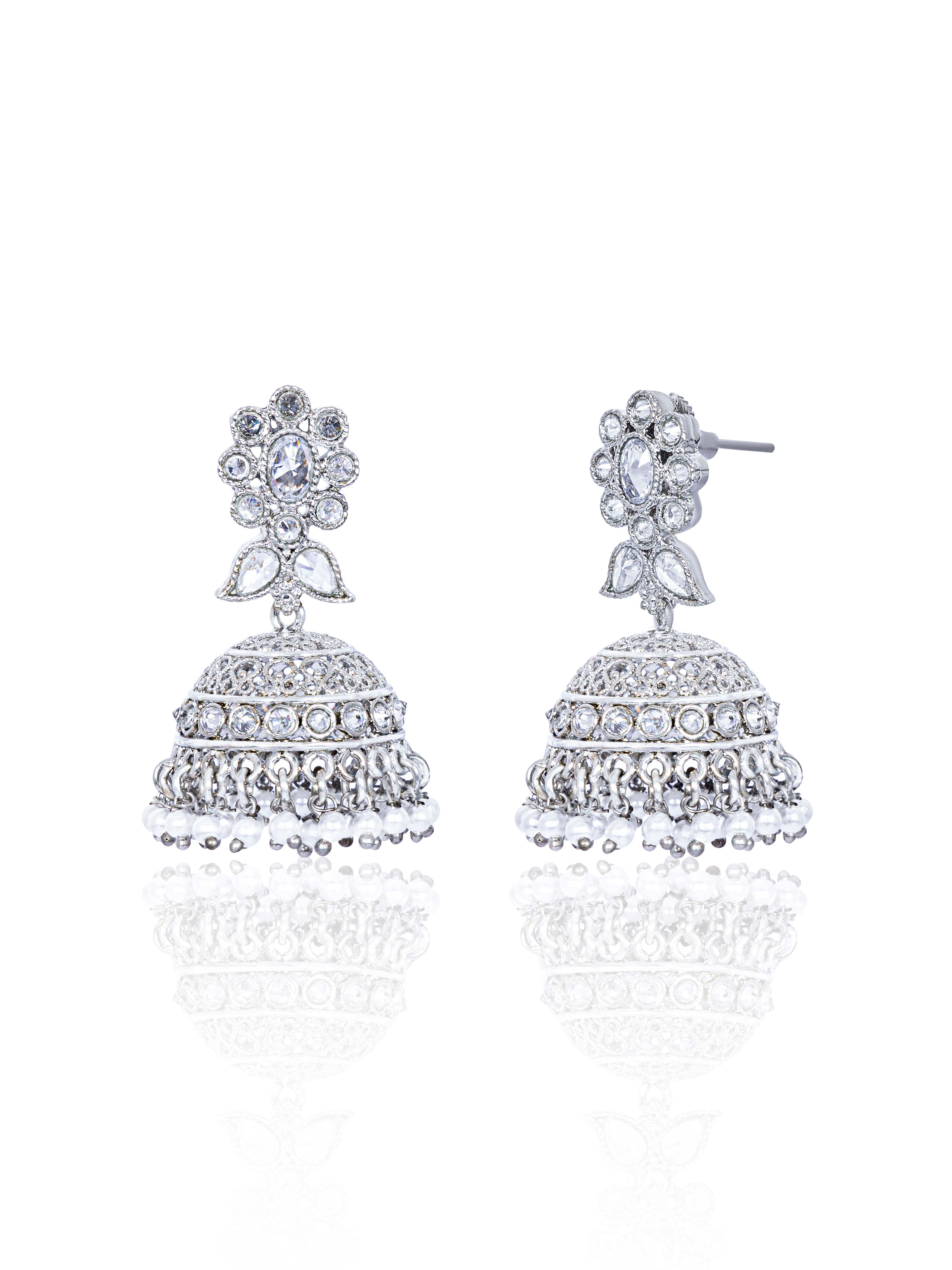 Itrani Silver Crystal Jhumka Earrings – Brass Dome Earrings with Pearl Drops for Weddings & Festive Wear