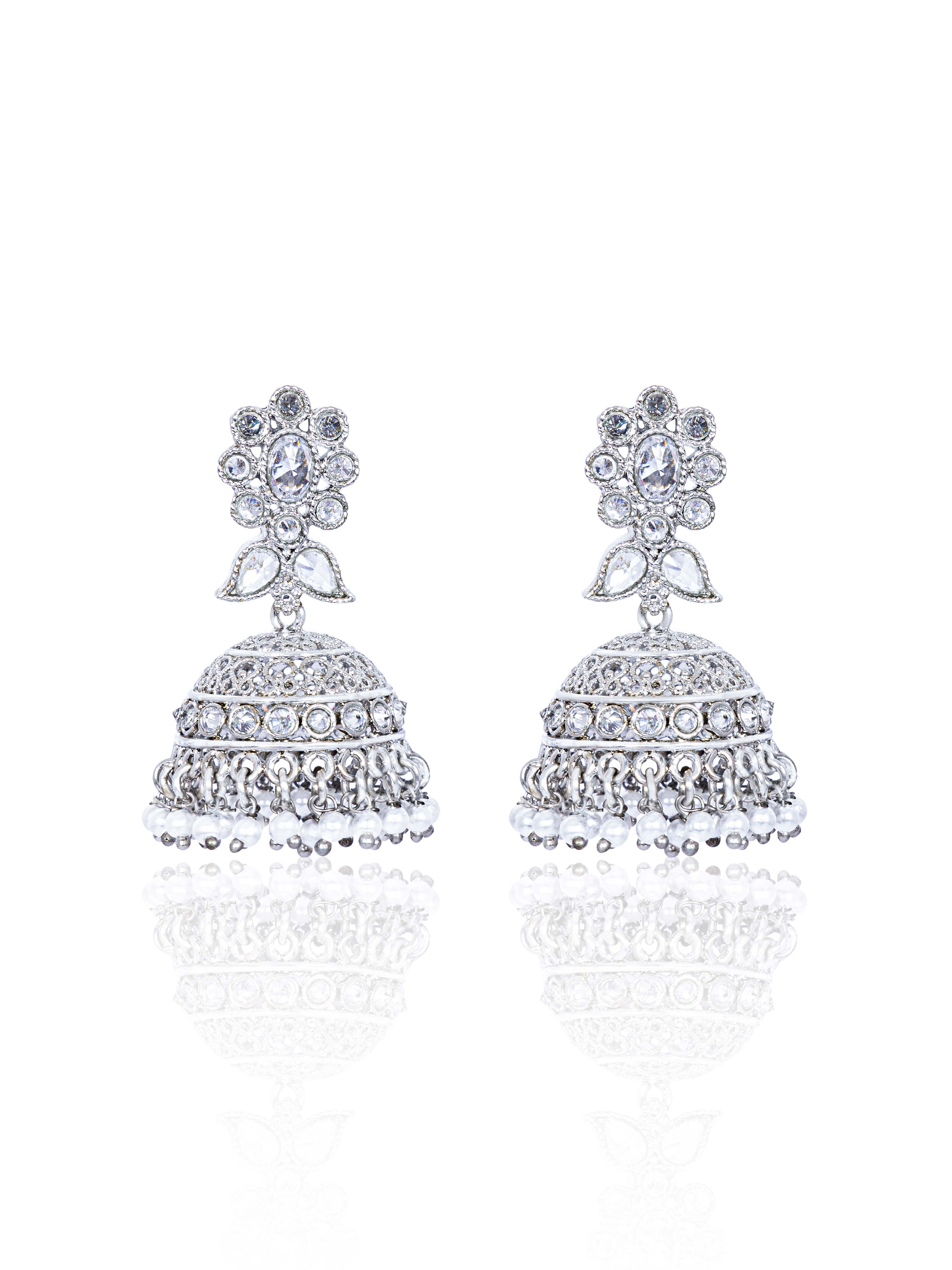 Itrani Silver Crystal Jhumka Earrings – Brass Dome Earrings with Pearl Drops for Weddings & Festive Wear