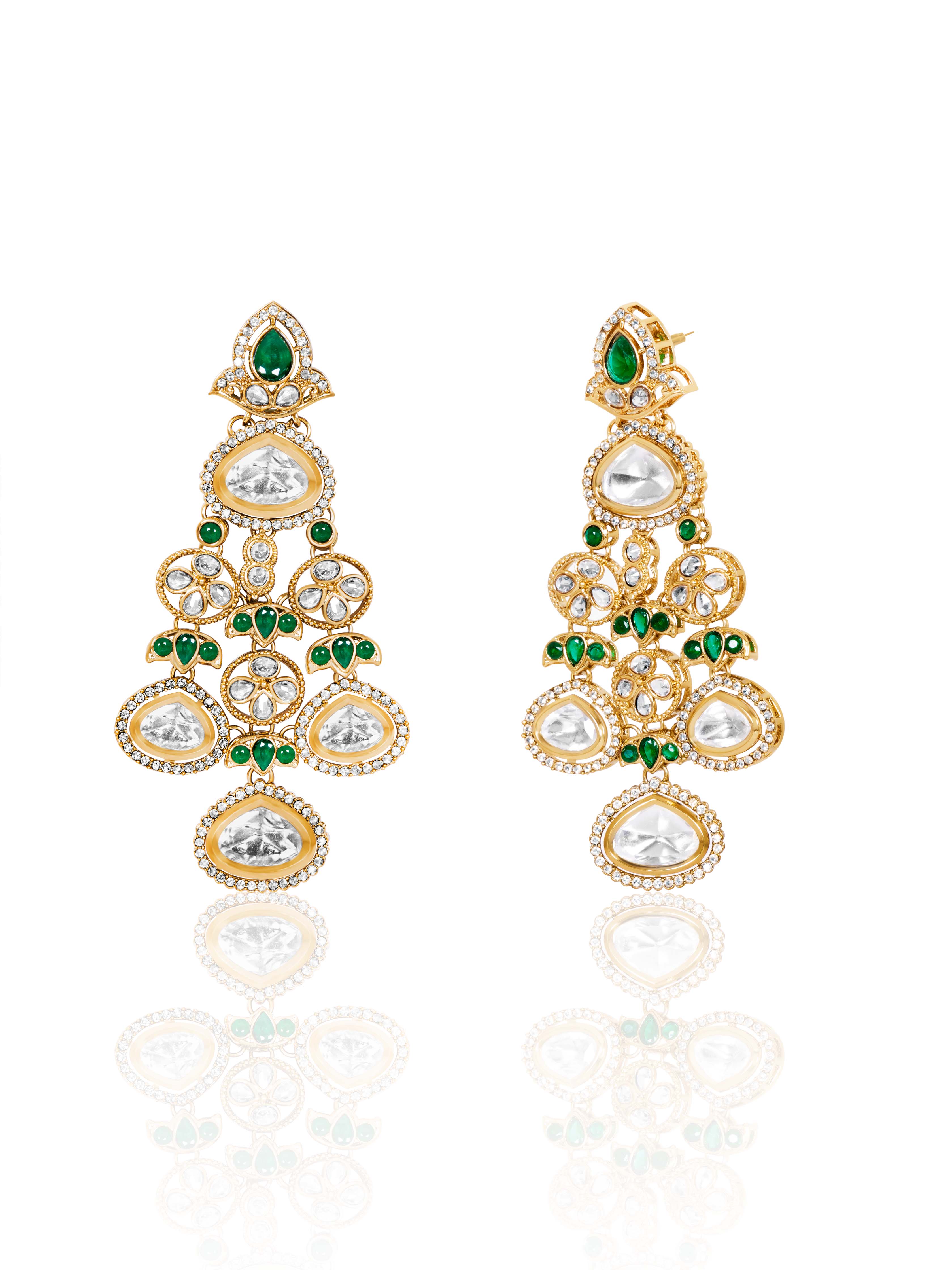 Itrani Emerald Green Stone and Moissanite Stone Statement Earrings – Traditional Brass Bridal Jewelry