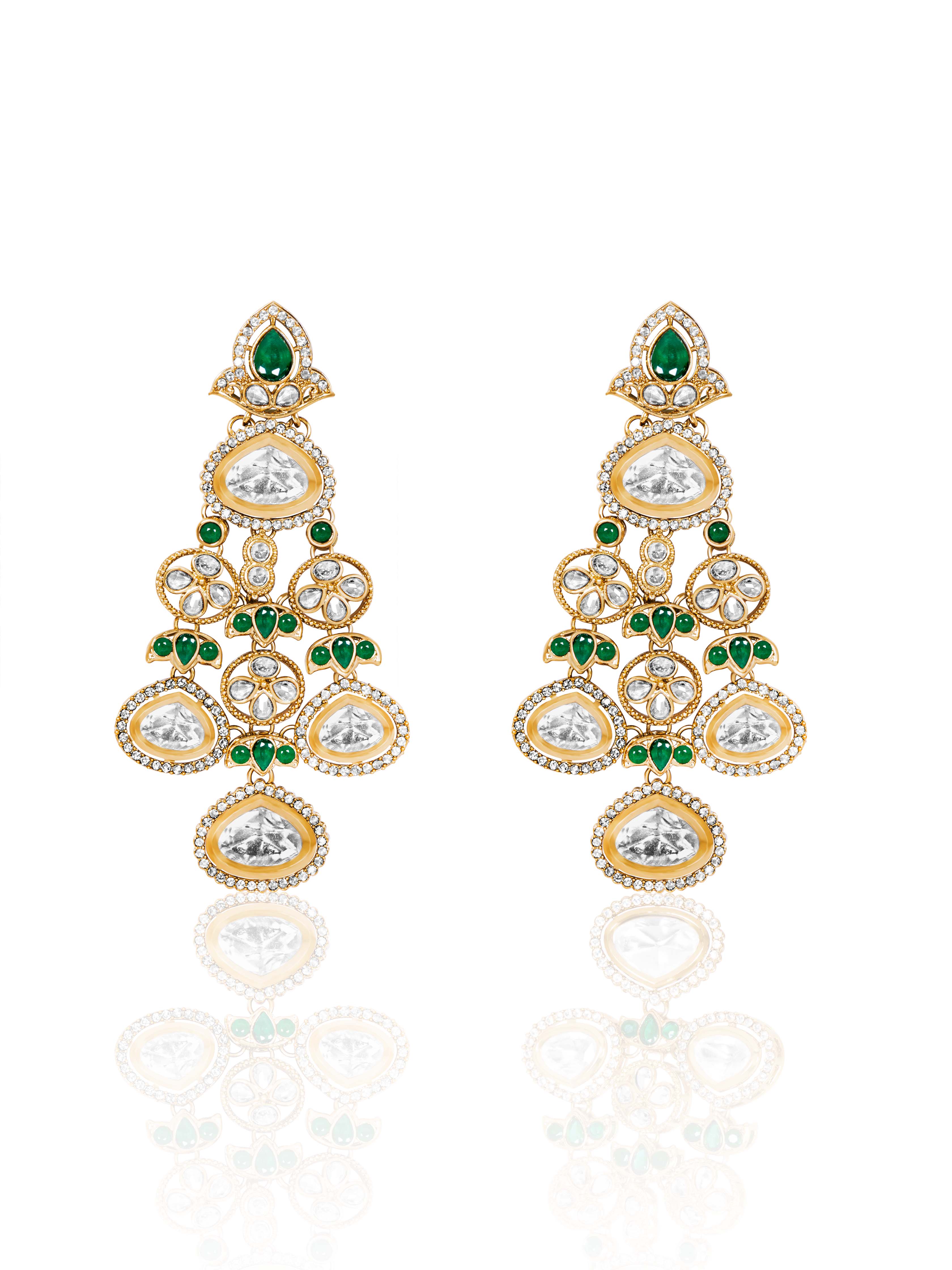 Itrani Emerald Green Stone and Moissanite Stone Statement Earrings – Traditional Brass Bridal Jewelry