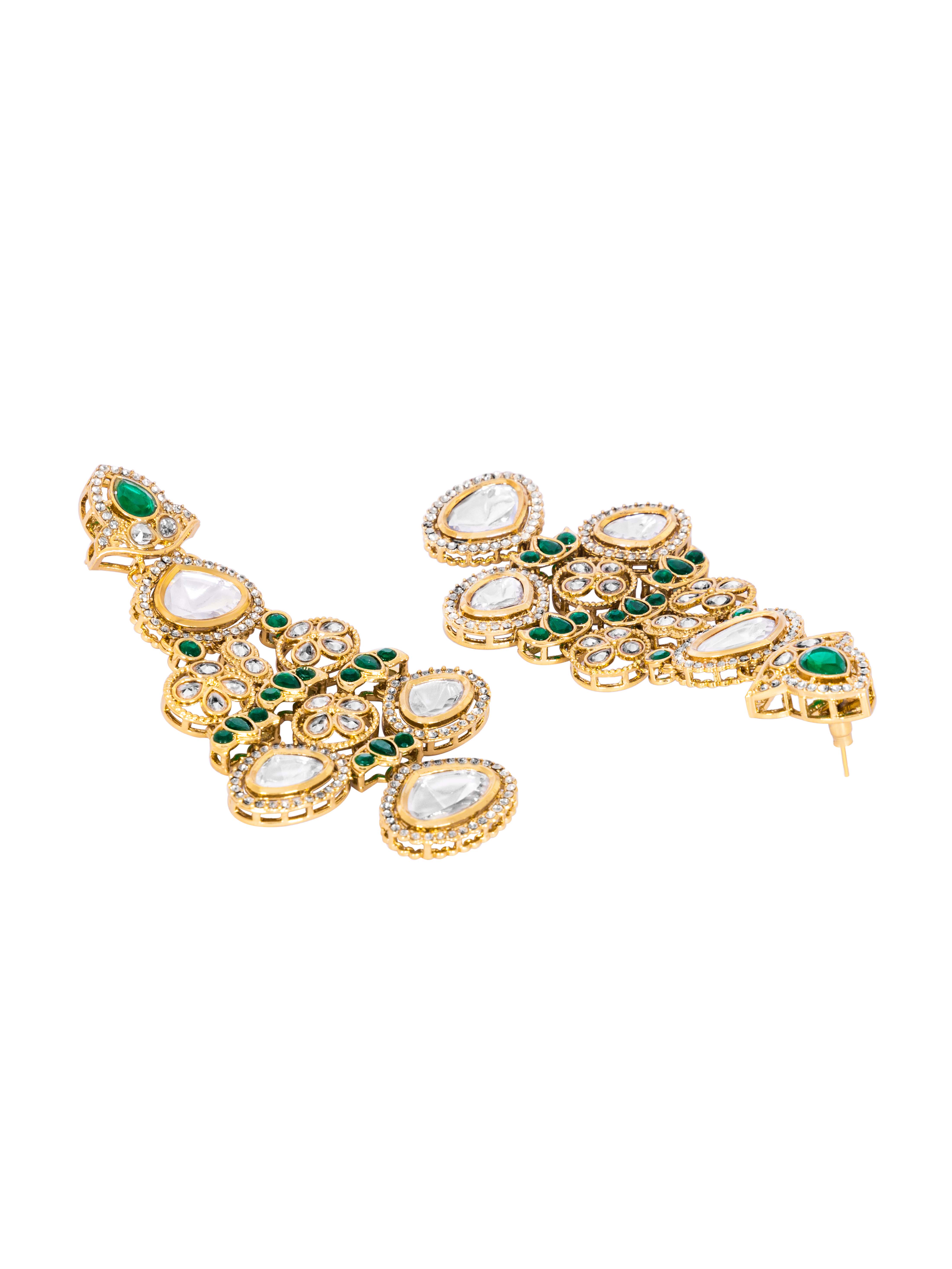 Itrani Emerald Green Stone and Moissanite Stone Statement Earrings – Traditional Brass Bridal Jewelry