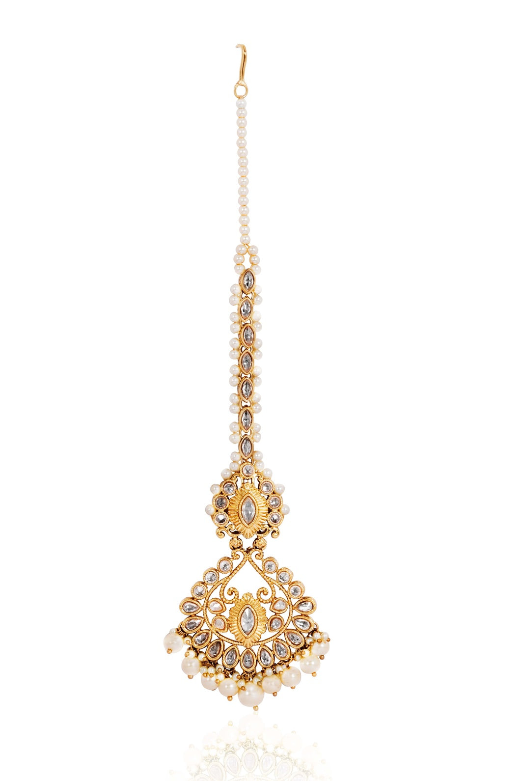 Itrani Antique Kundan Pearl Drop Maang Tikka – Traditional Bridal Hair Accessory
