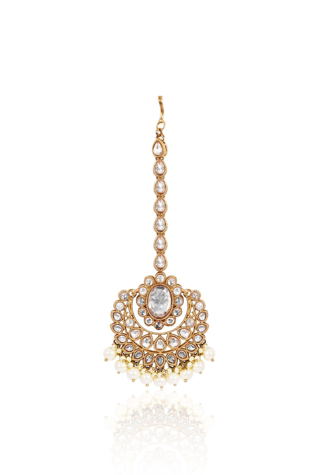 Itrani Radiant Rose Gold Kundan Maang Tikka with Pearl Drops – Bridal & Festive Hair Accessory