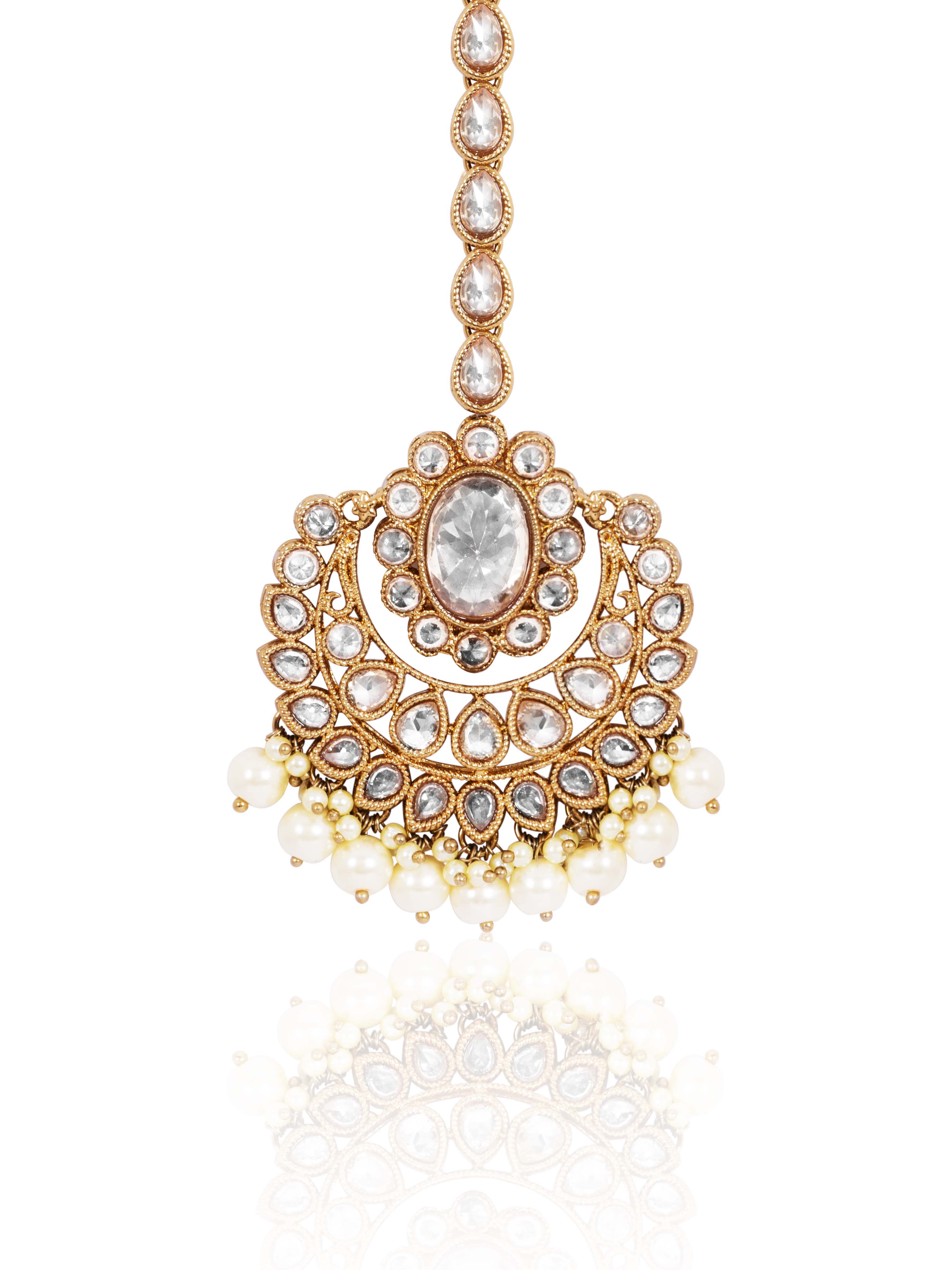 Itrani Radiant Rose Gold Kundan Maang Tikka with Pearl Drops – Bridal & Festive Hair Accessory