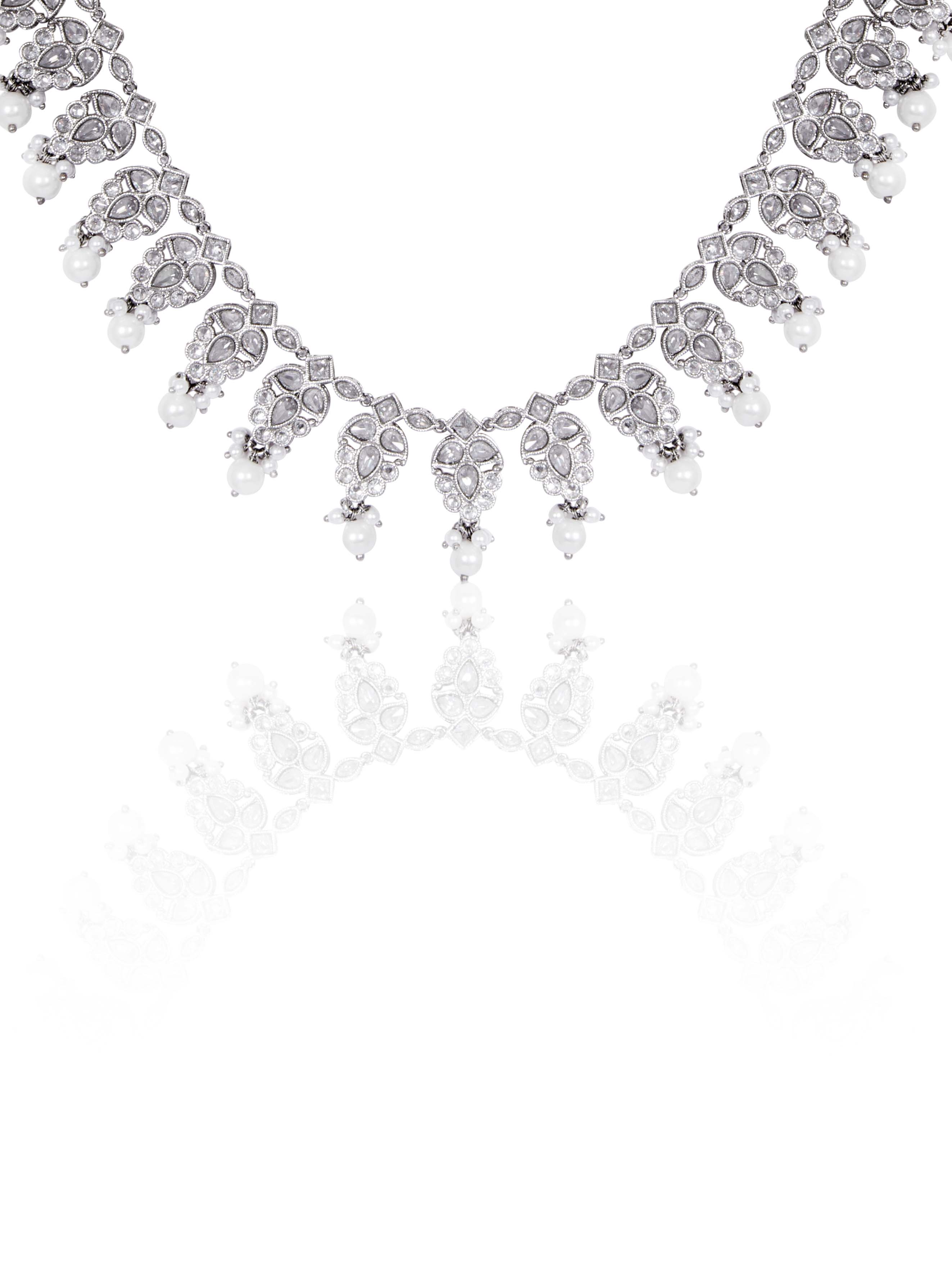 Itrani Royal Silver Pearl Kundan Bridal Necklace Set – Anti-Tarnish Brass Jewelry for Weddings & Festivals