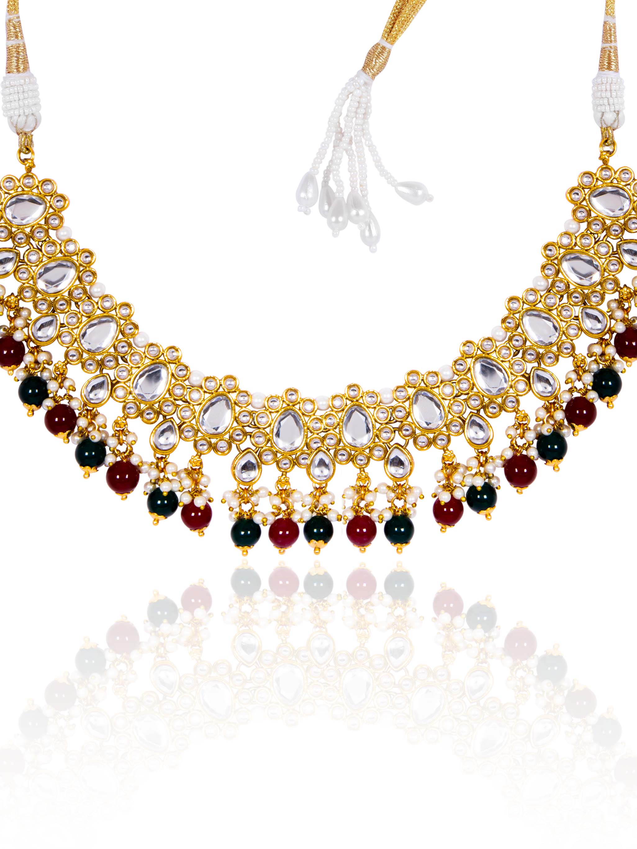 Itrani Royal Heritage Kundan Necklace Set – Red & Green Beaded Bridal Jewelry with Maang Tikka (Anti-Tarnish Brass)