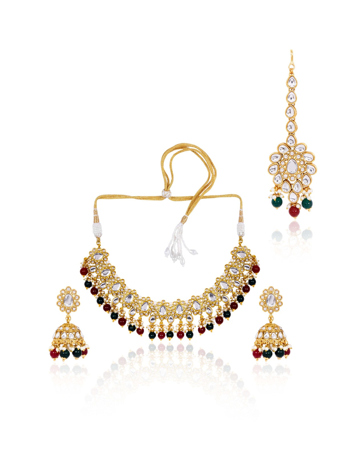 Itrani Royal Heritage Kundan Necklace Set – Red & Green Beaded Bridal Jewelry with Maang Tikka (Anti-Tarnish Brass)