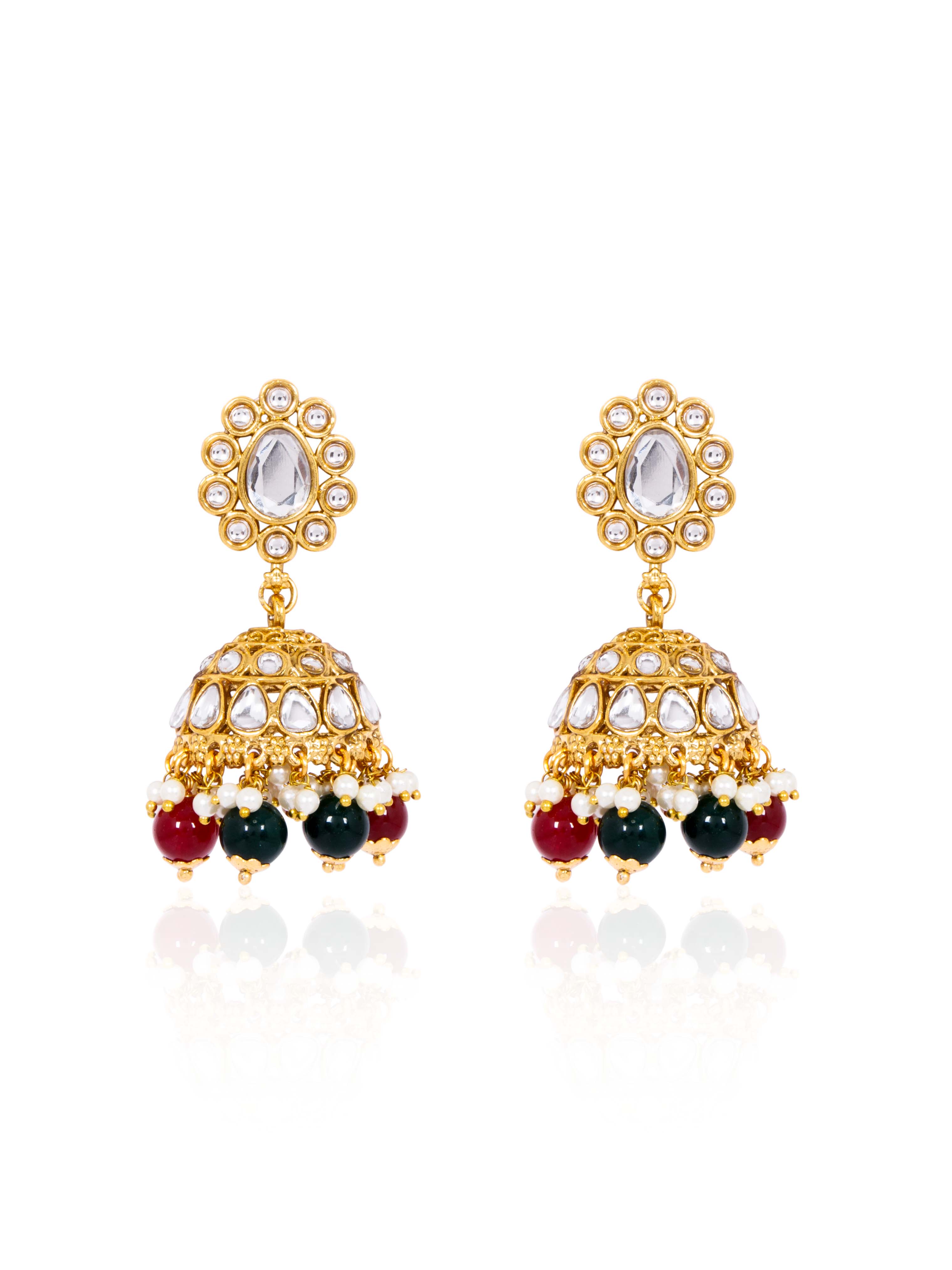 Itrani Royal Heritage Kundan Necklace Set – Red & Green Beaded Bridal Jewelry with Maang Tikka (Anti-Tarnish Brass)