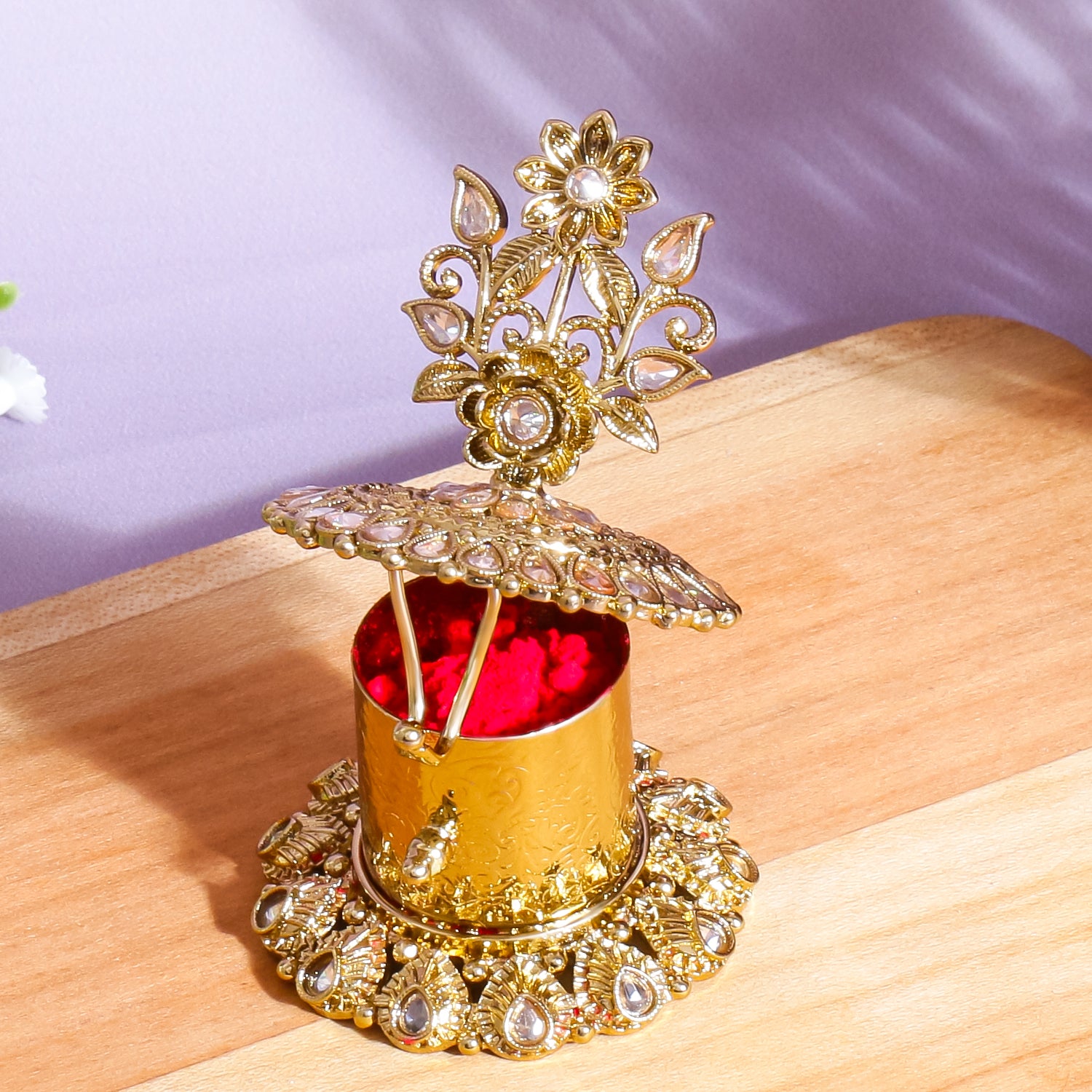 Itrani Antique Gold-Tone Sindoor Box with Reverse AD and Mehndi Finish