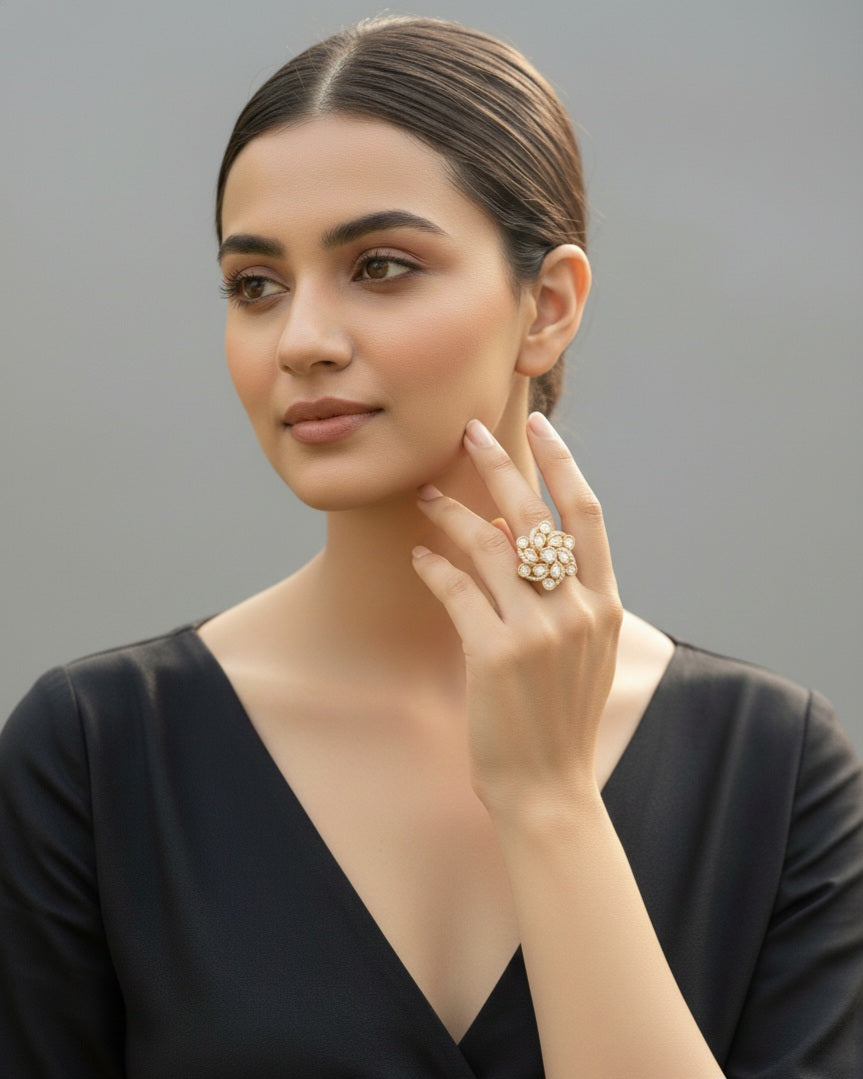 Itrani Swirl Style Clear Polki Stones  Statement Brass Ring